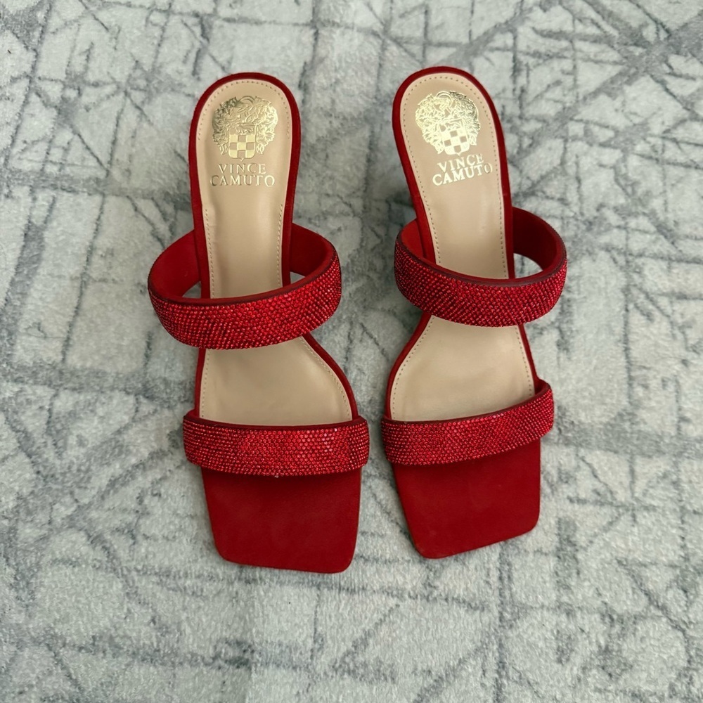 Vince Camuto Red Rhinestone Embellished Slide Heels Square Toe Sandals 9 - Picture 3 of 6